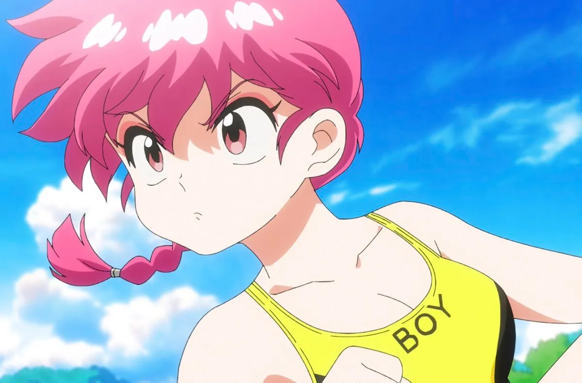 the character 'ranma saotome'. she is a beautiful and buxom young woman with pink hair, wearing a one-piece swimsuit with the word "boy" written on the front